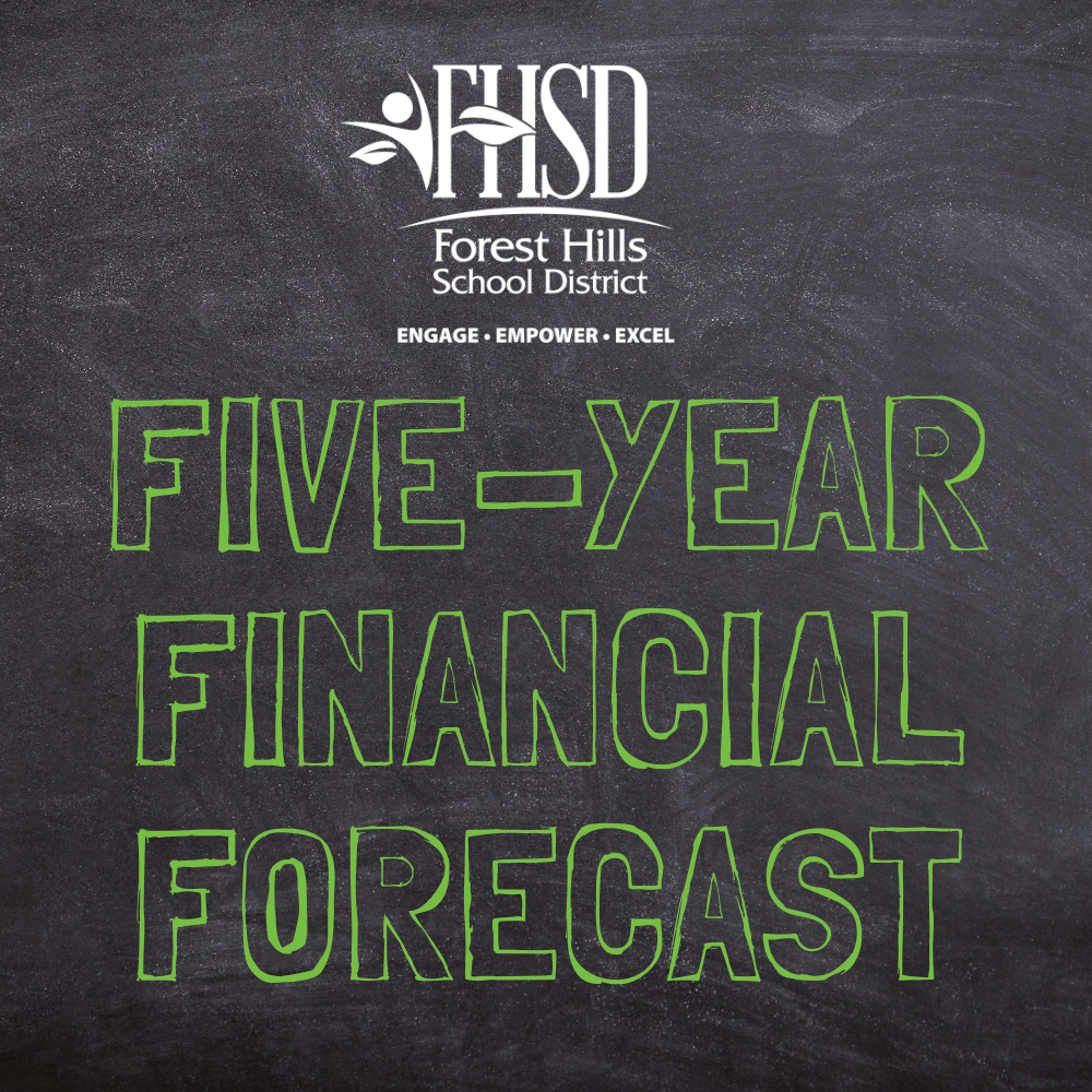 Chalkboard background with text that reads Five-Year Financial Forecast below the FHSD logo.